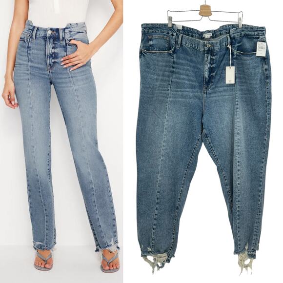 Good American Good Boy Straight Jeans Indigo678‎ Distressed Blue Plus Size 28 - Picture 1 of 13
